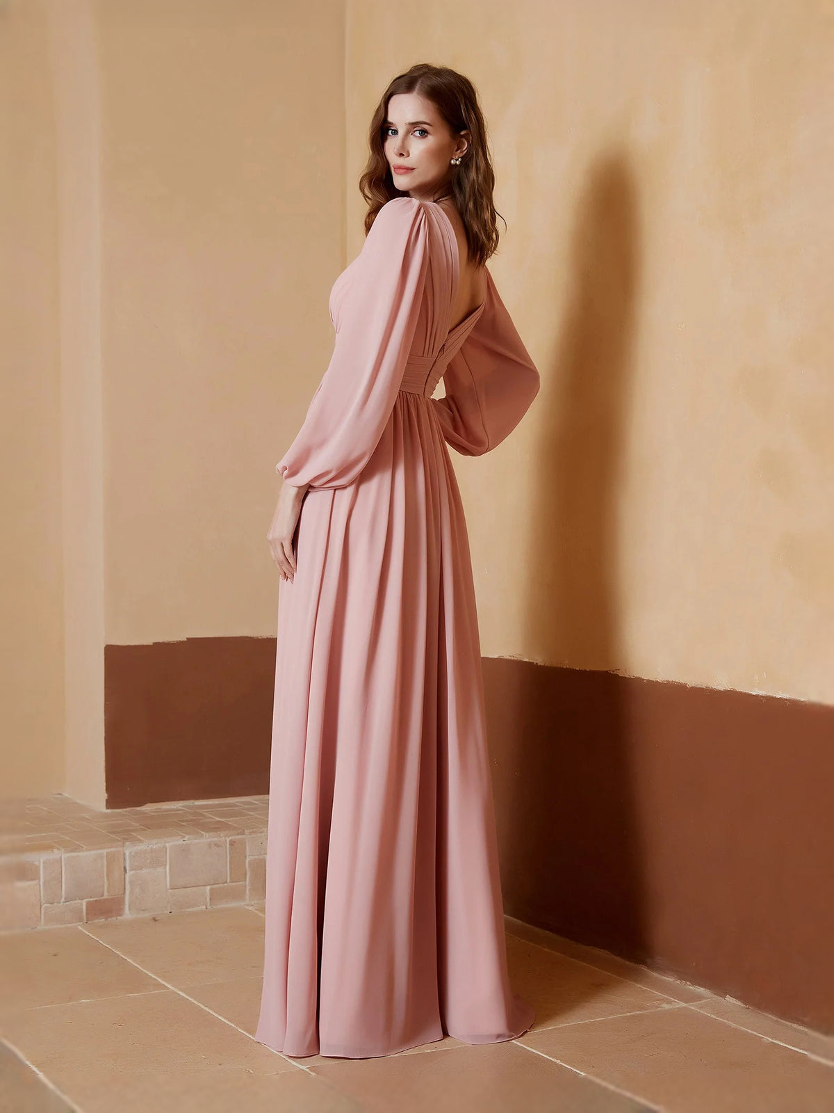 Dusty Rose maxi bridesmaid dress, alternate view showing the bodice and skirt