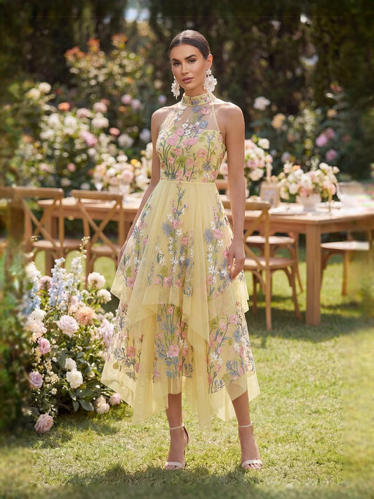 Yellow midi prom dress, alternate view showing the bodice and skirt