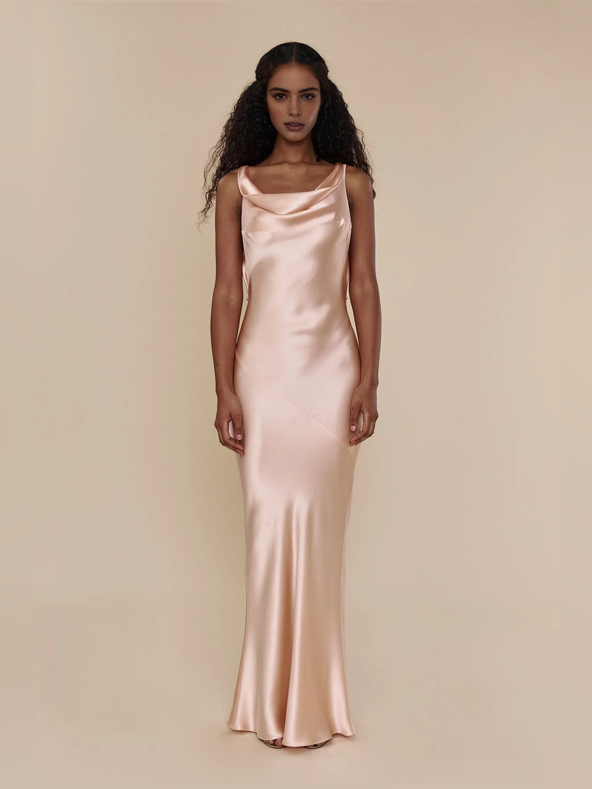 Blush Pink maxi prom dress, alternate view showing the bodice and skirt