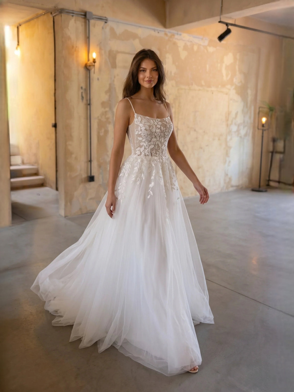 Ivory floor-length wedding dress, alternate view showing the bodice and skirt