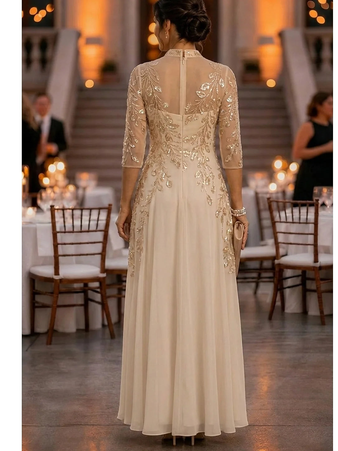Champagne floor-length mother of the bride dress, alternate view showing the bodice and skirt