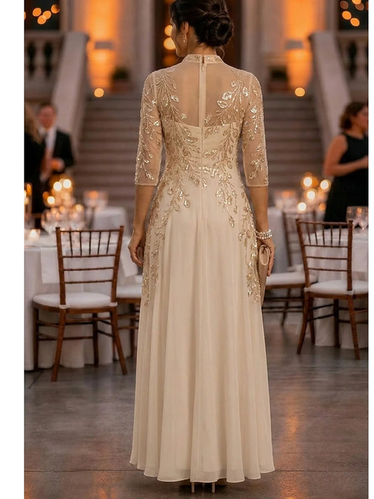 Champagne floor-length mother of the bride dress, alternate view showing the bodice and skirt