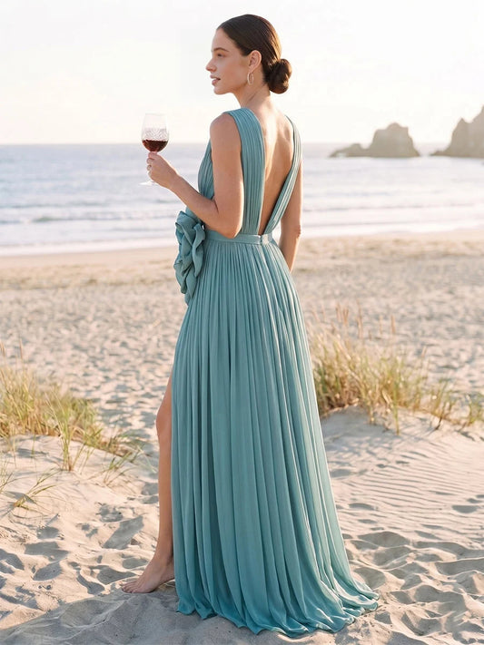 Lapis Blue floor-length mother of the bride dress, alternate view showing the bodice and skirt
