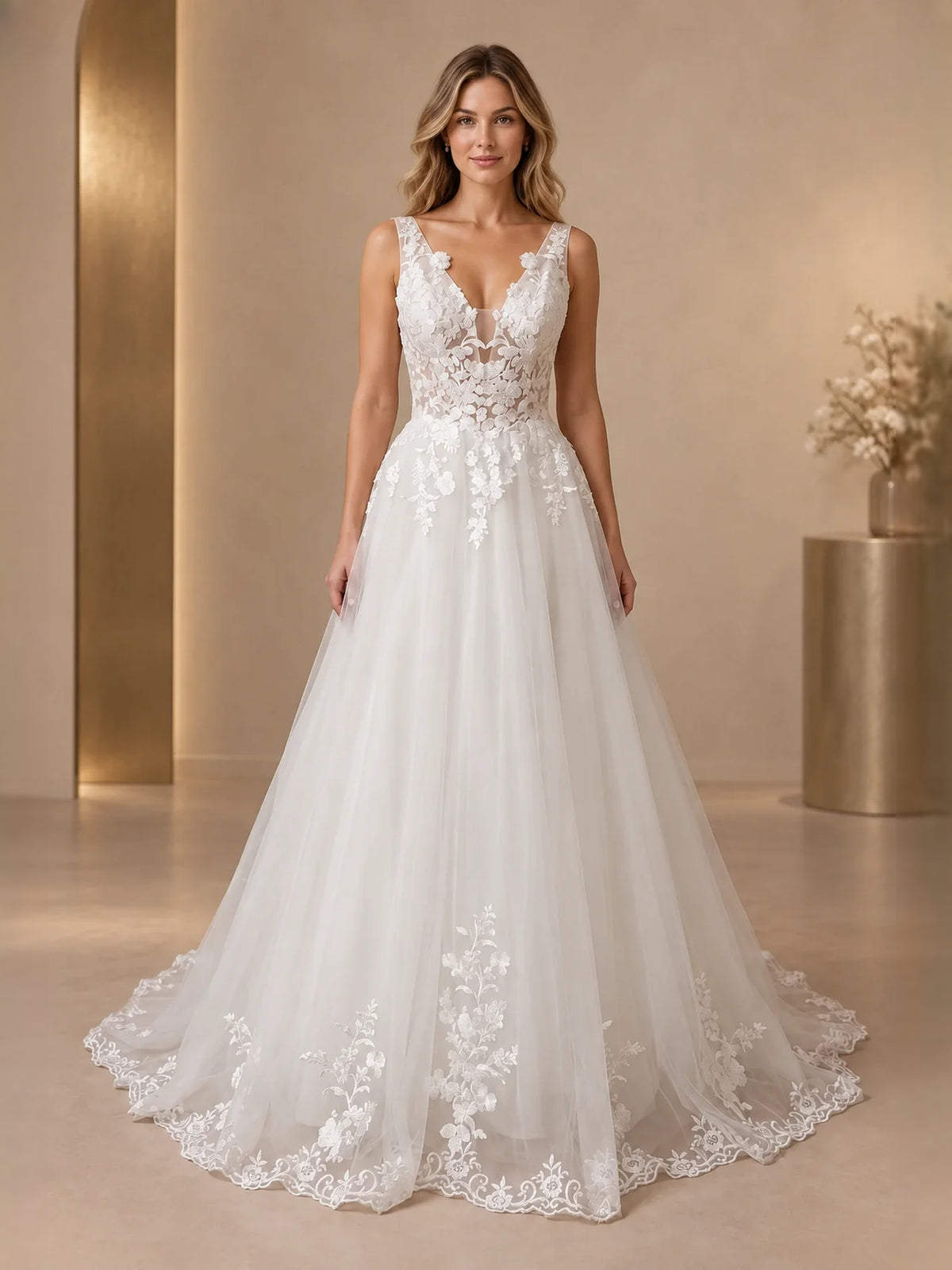 Ivory floor-length wedding dress, alternate view showing the bodice and skirt
