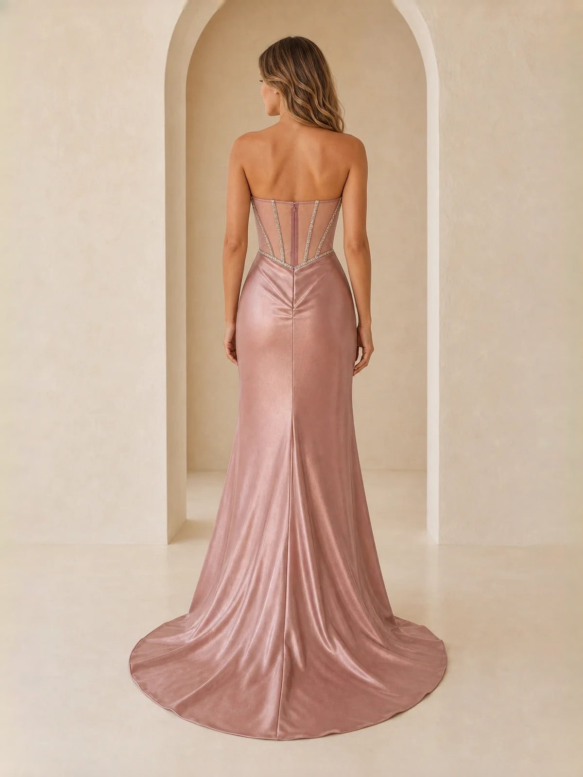 Dusty Pink floor-length prom dress, back view showing the rear of the dress