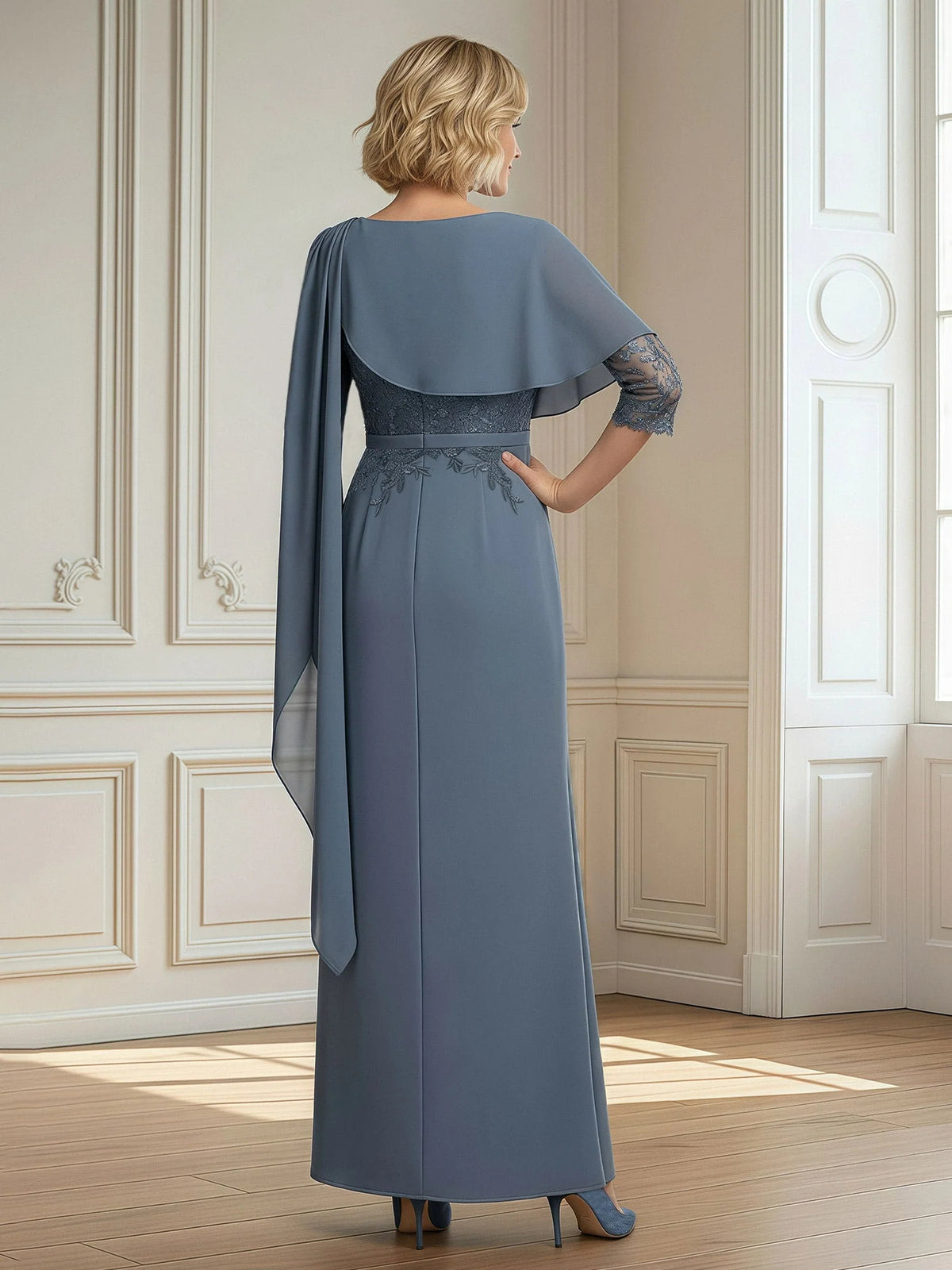 Slate Blue floor-length mother of the bride dress, alternate view showing the bodice and skirt