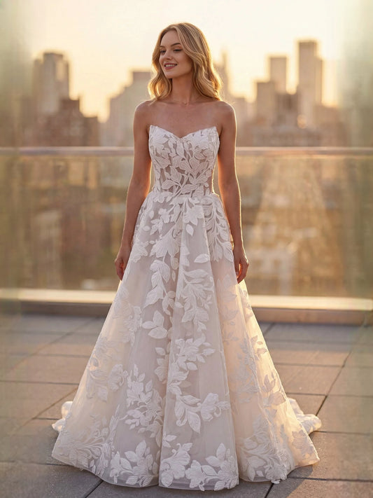 Ivory floor-length wedding dress, alternate view showing the bodice and skirt