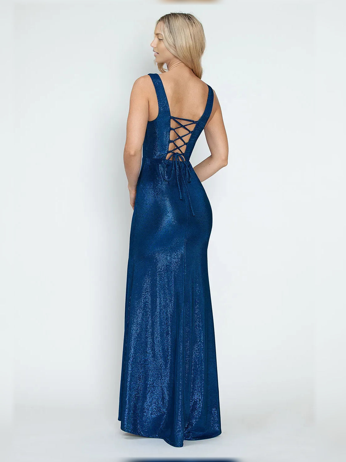 Dark Blue sheath floor-length formal dress with skirt slit, alternate view