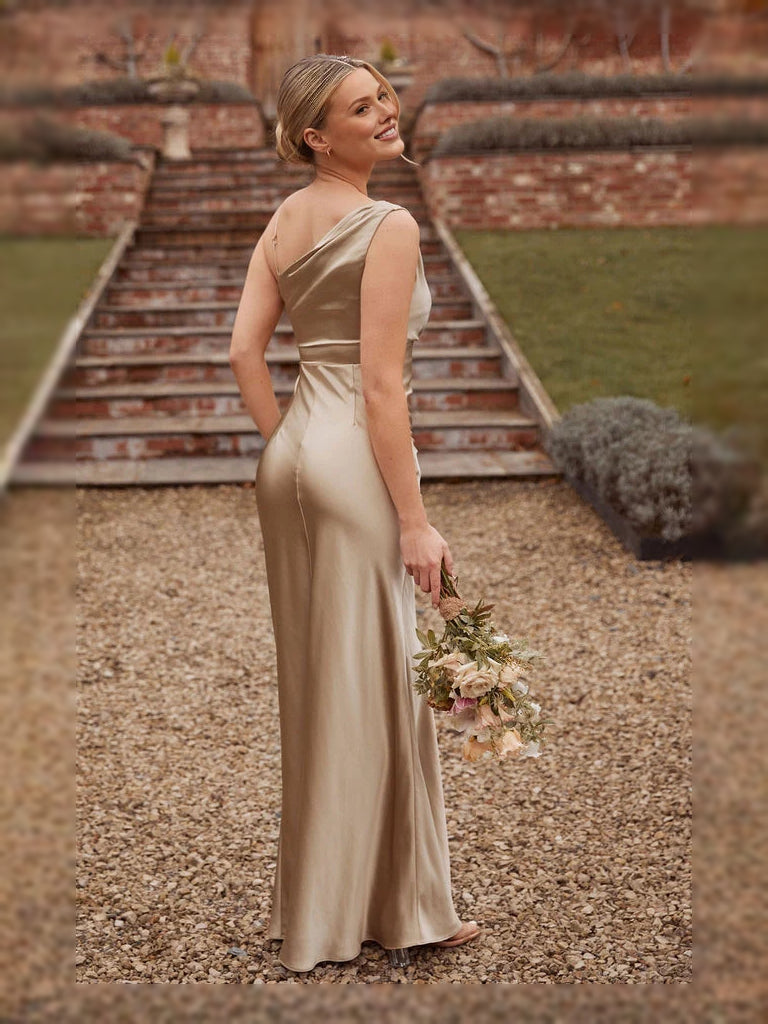 Champagne maxi bridesmaid dress, alternate view showing the bodice and skirt