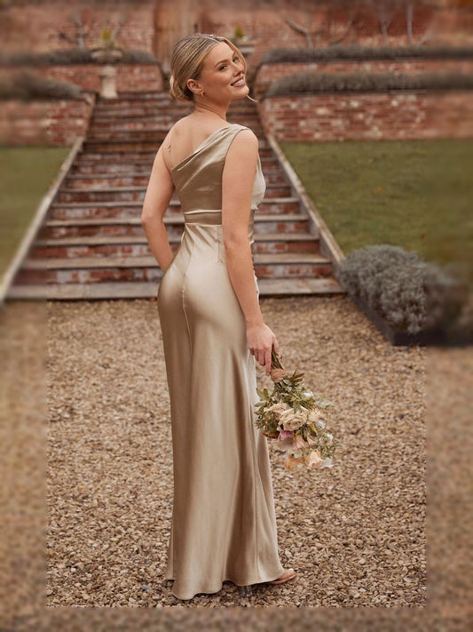 Champagne maxi bridesmaid dress, alternate view showing the bodice and skirt