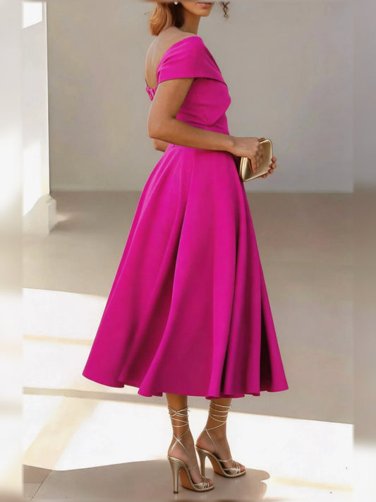Fuchsia midi mother of the bride dress, alternate view showing the bodice and skirt