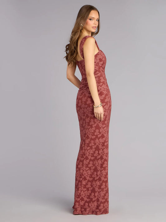 Floral mermaid floor-length formal dress with ruching, alternate view