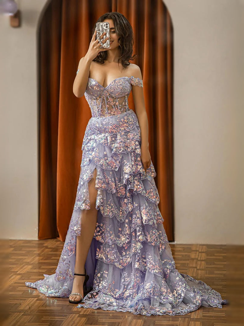 Lilac floor-length prom dress, alternate view showing the bodice and skirt