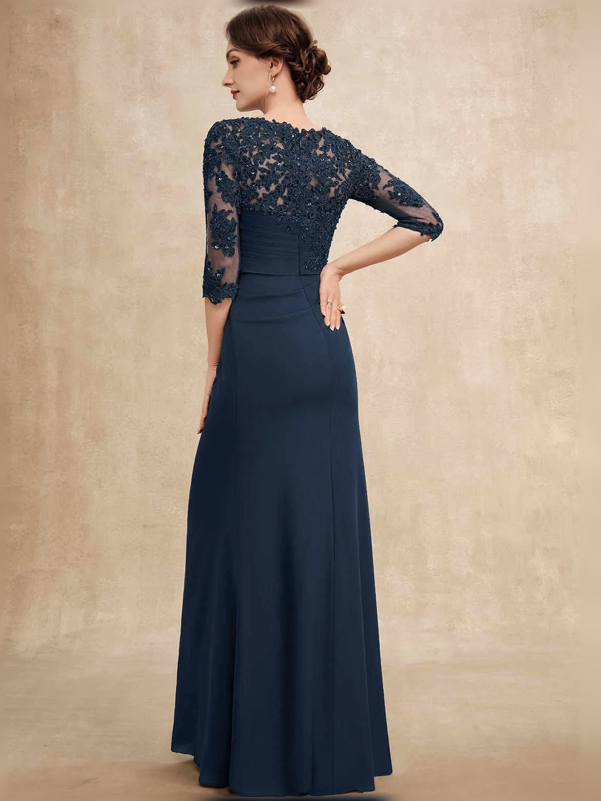 Dark Navy maxi mother of the bride dress, alternate view showing the bodice and skirt