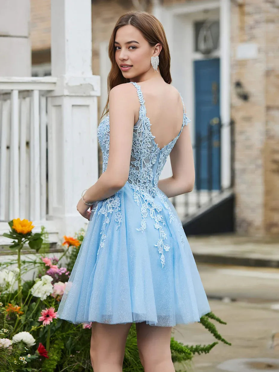 Light Blue mini homecoming dress, back view showing the rear of the dress