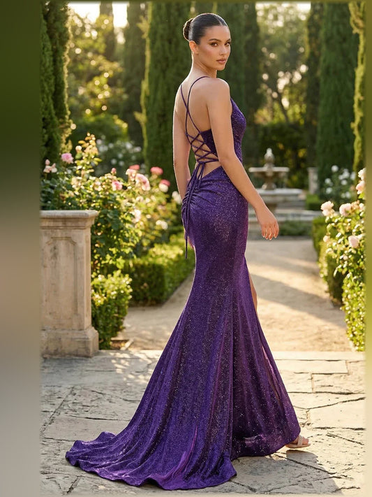 Purple mermaid floor-length formal dress with skirt slit, alternate view