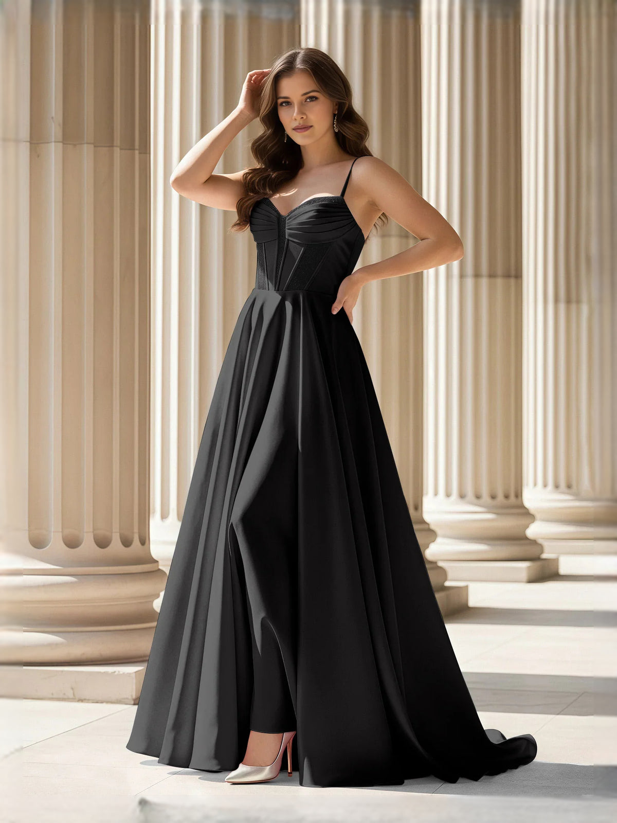 Black floor-length prom dress, back view showing the rear of the dress
