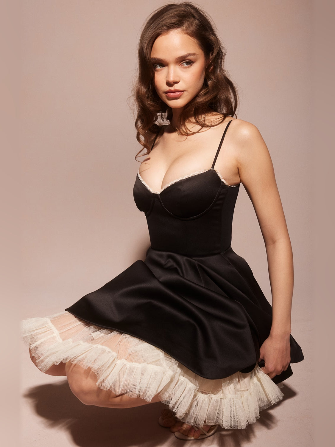 Black mini homecoming dress, alternate view showing the bodice and skirt