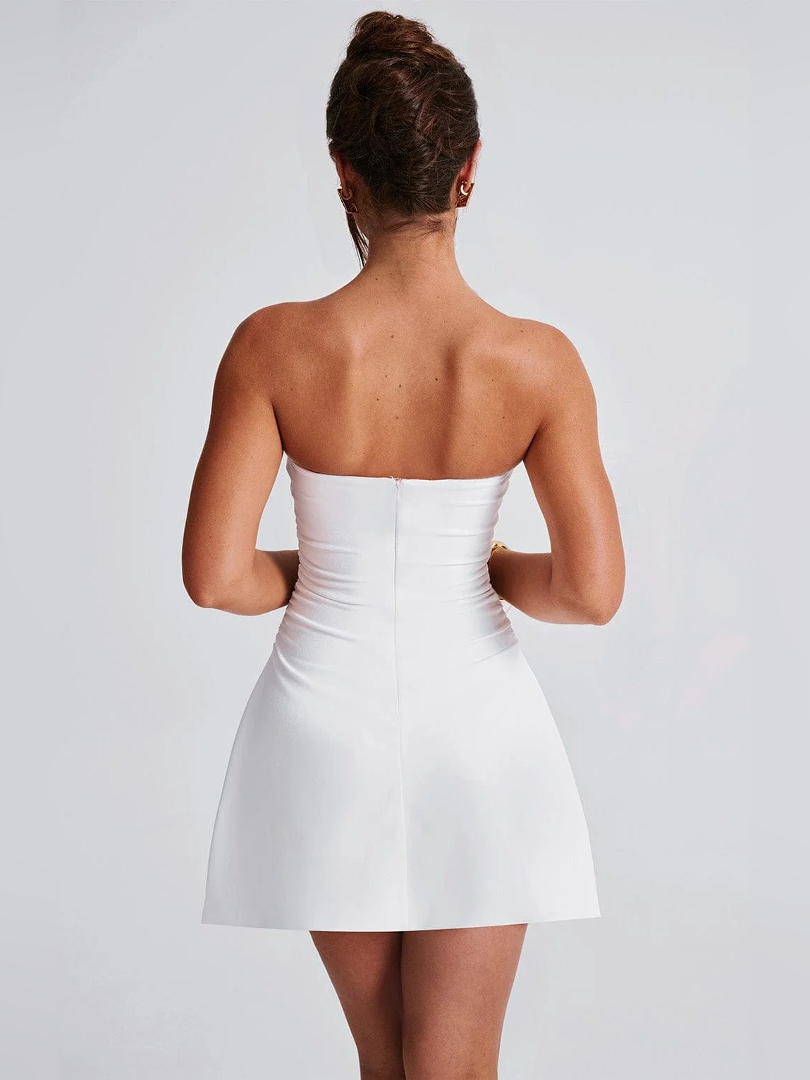 Ivory mini homecoming dress, alternate view showing the bodice and skirt
