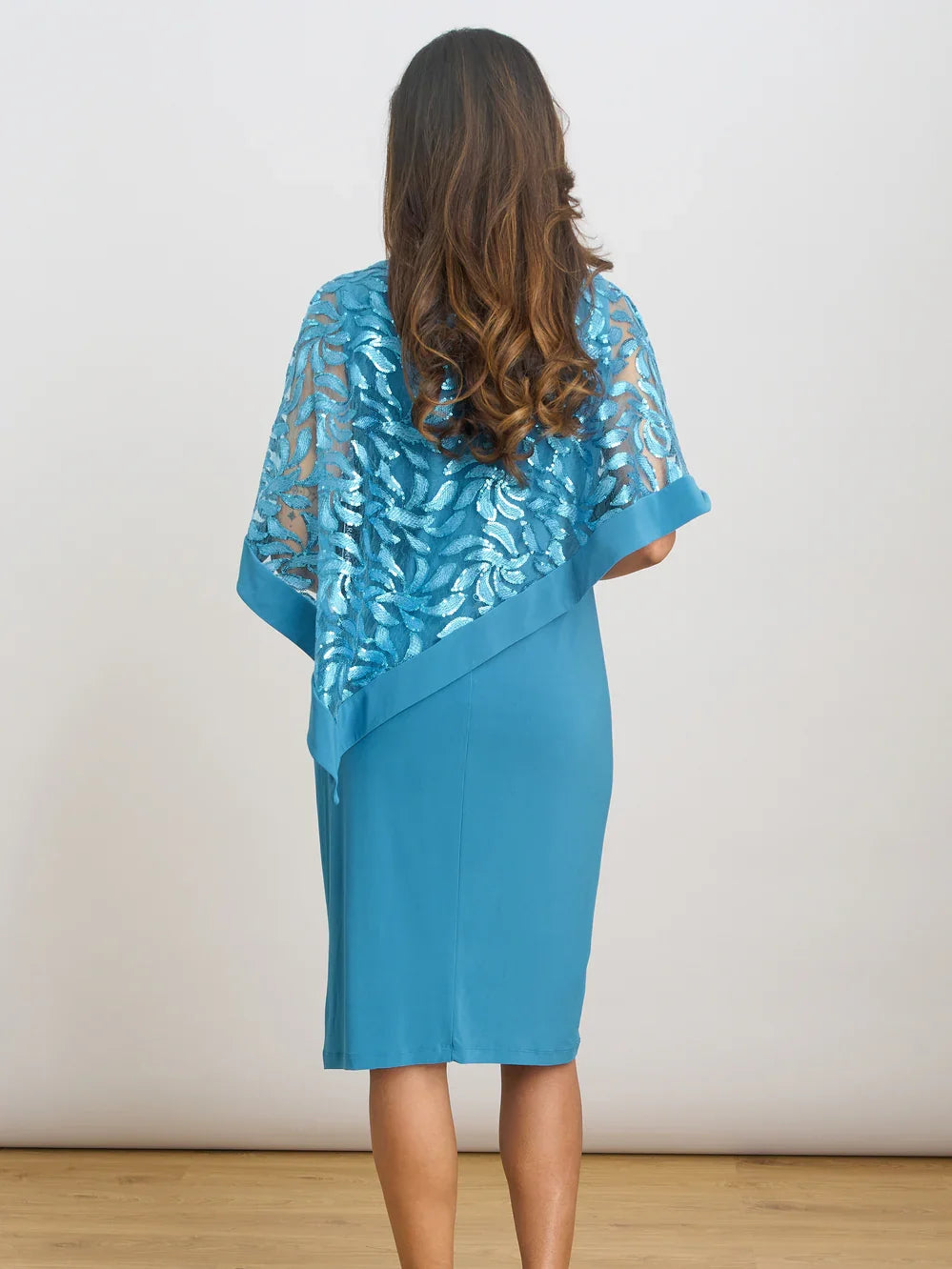 Turquoise knee-length mother of the bride dress, alternate view showing the bodice and skirt