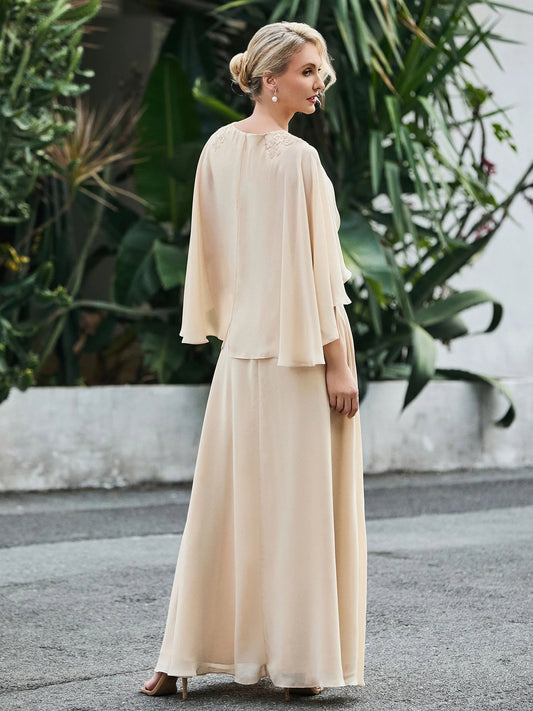 Champagne floor-length mother of the bride dress, alternate view showing the bodice and skirt