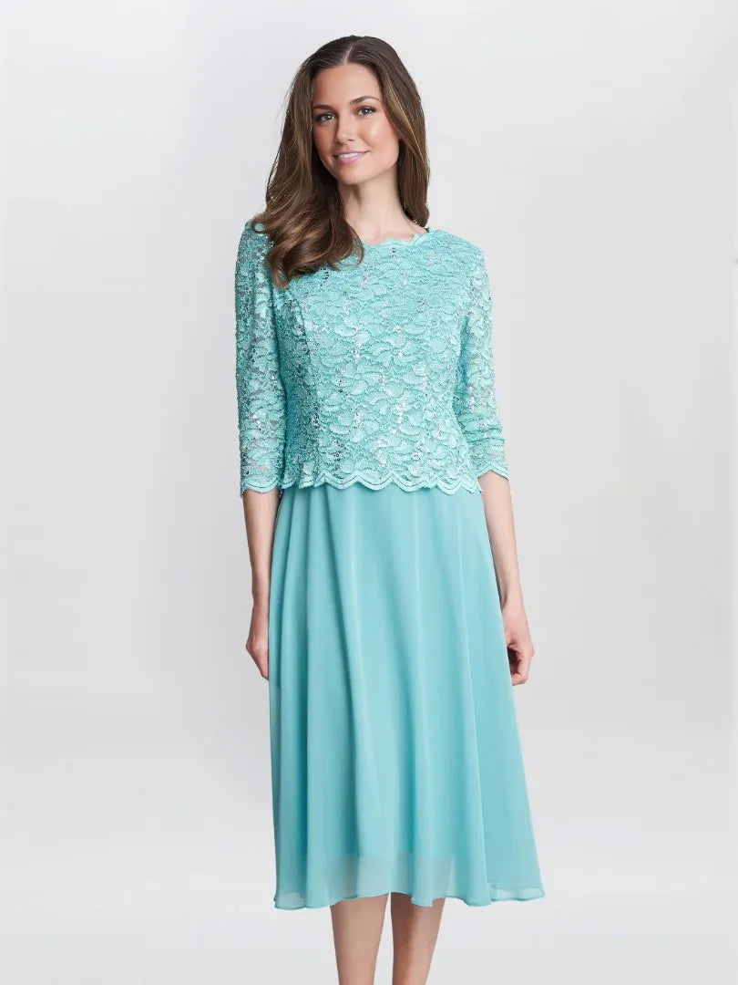 Mint Green midi mother of the bride dress, alternate view showing the bodice and skirt