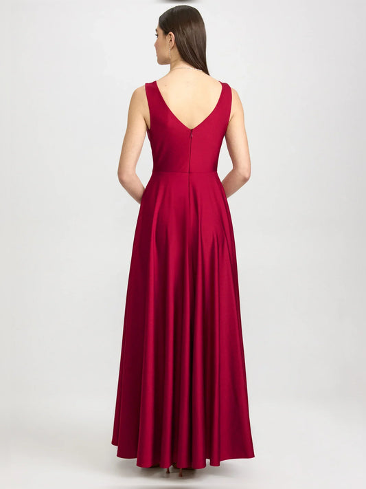 Red a-line floor-length formal dress with skirt slit, alternate view