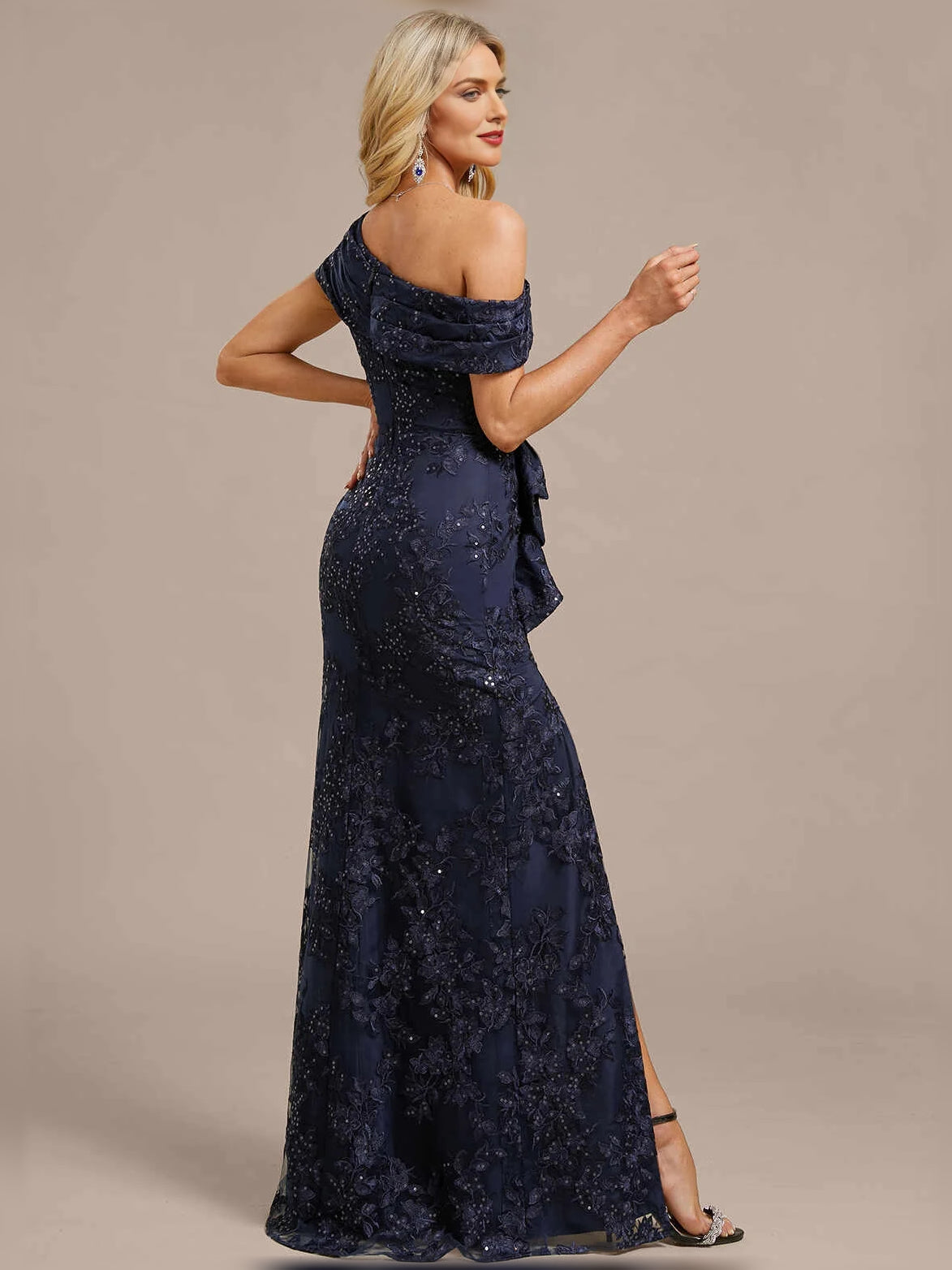 Dark Navy floor-length mother of the bride dress, alternate view showing the bodice and skirt