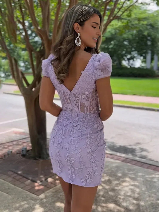 Lilac mini homecoming dress, back view showing the rear of the dress