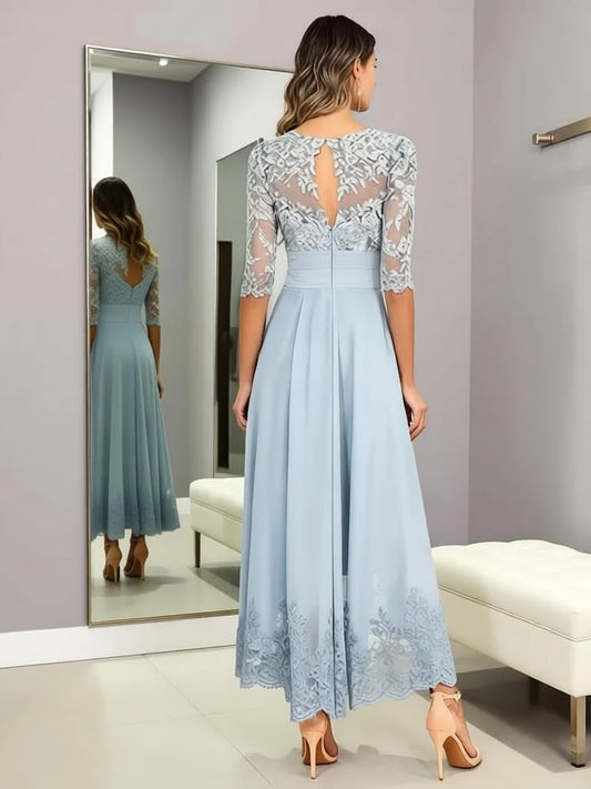 Dusty Blue tea-length mother of the bride dress, alternate view showing the bodice and skirt