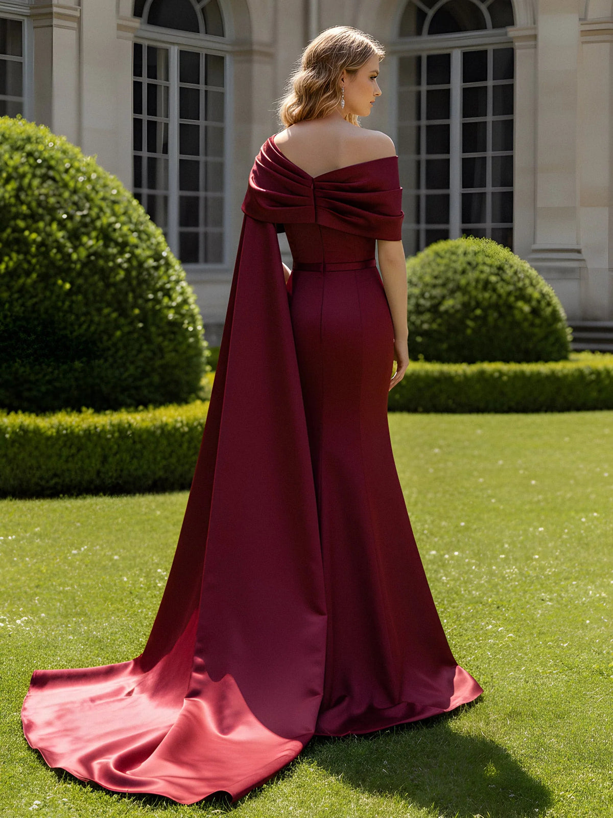 Burgundy One-Shoulder Slit Mermaid Floor-Length Vintage Formal Dress, product view
