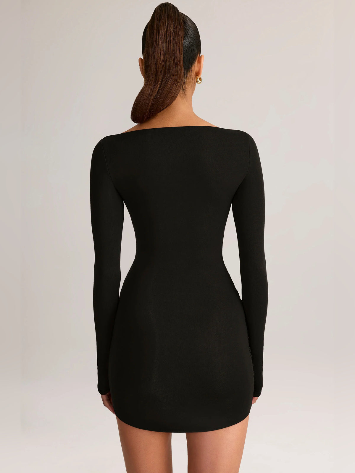 Black mini homecoming dress, alternate view showing the bodice and skirt