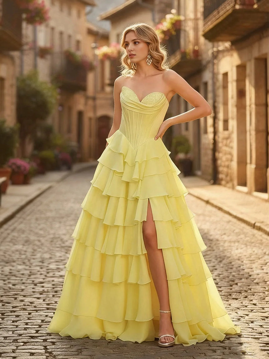 Canary floor-length prom dress, alternate view showing the bodice and skirt
