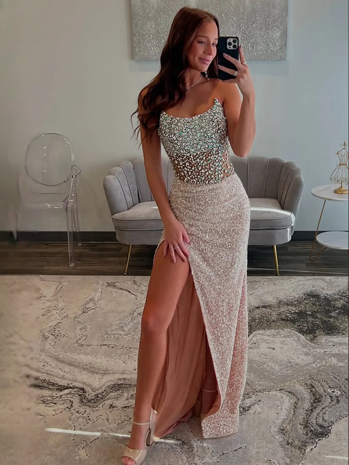 Champagne maxi prom dress, alternate view showing the bodice and skirt