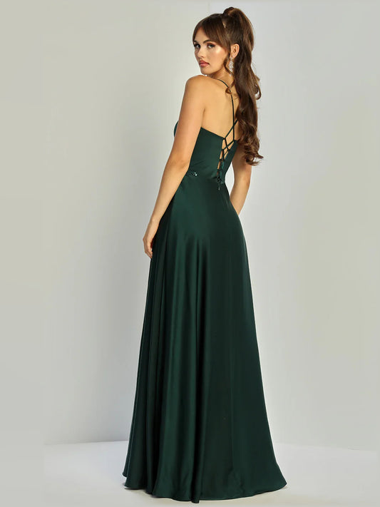 Dark Green a-line floor-length formal dress with draping, alternate view