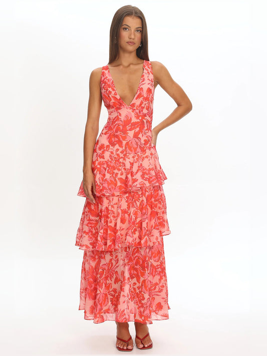Red midi formal dress with ruffle details, alternate view
