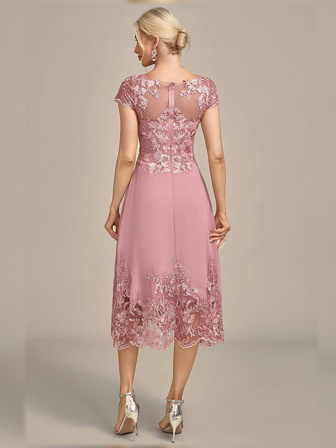 Dusty Rose knee-length mother of the bride dress, alternate view showing the bodice and skirt