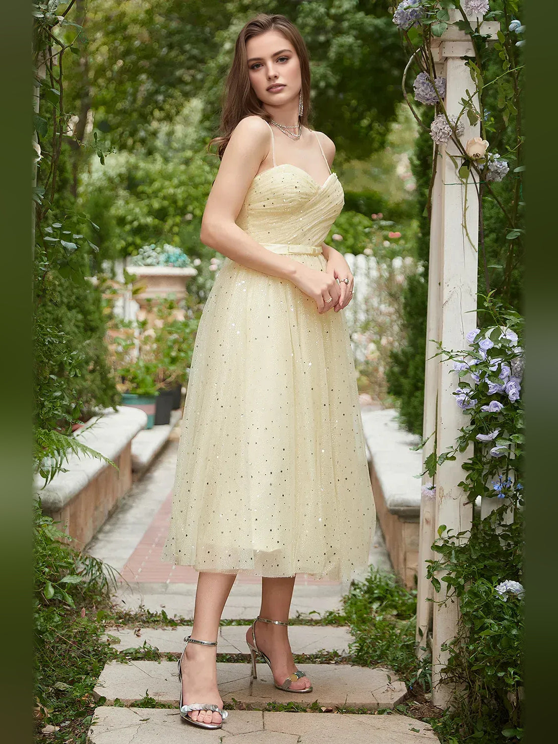 Pale Lemon tea-length homecoming dress, back view showing the rear of the dress
