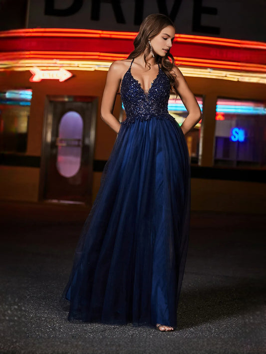 Navy Blue floor-length prom dress, alternate view showing the bodice and skirt