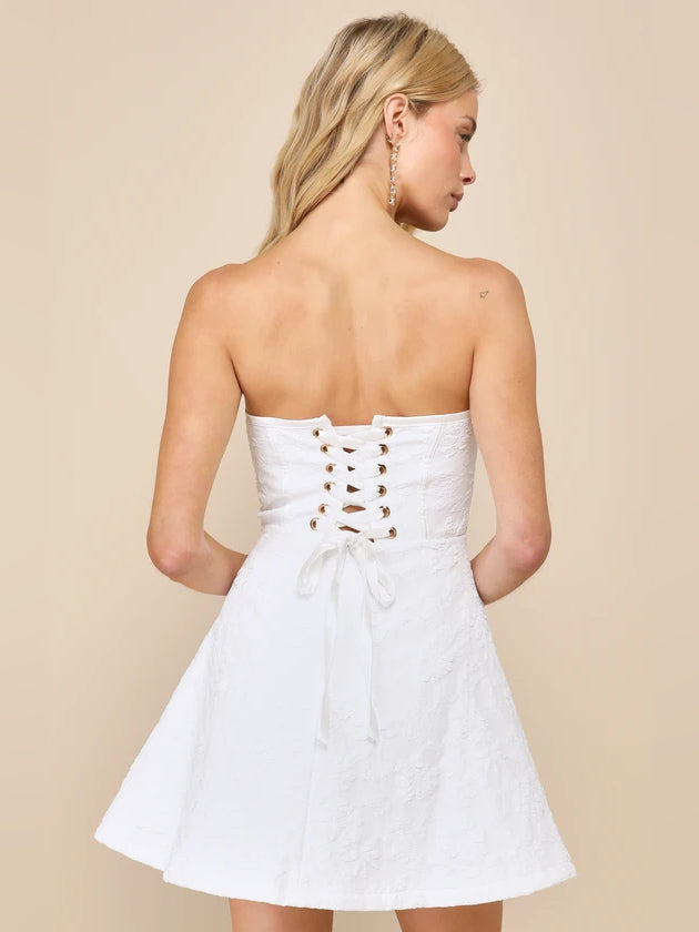 White Floral mini homecoming dress, alternate view showing the bodice and skirt