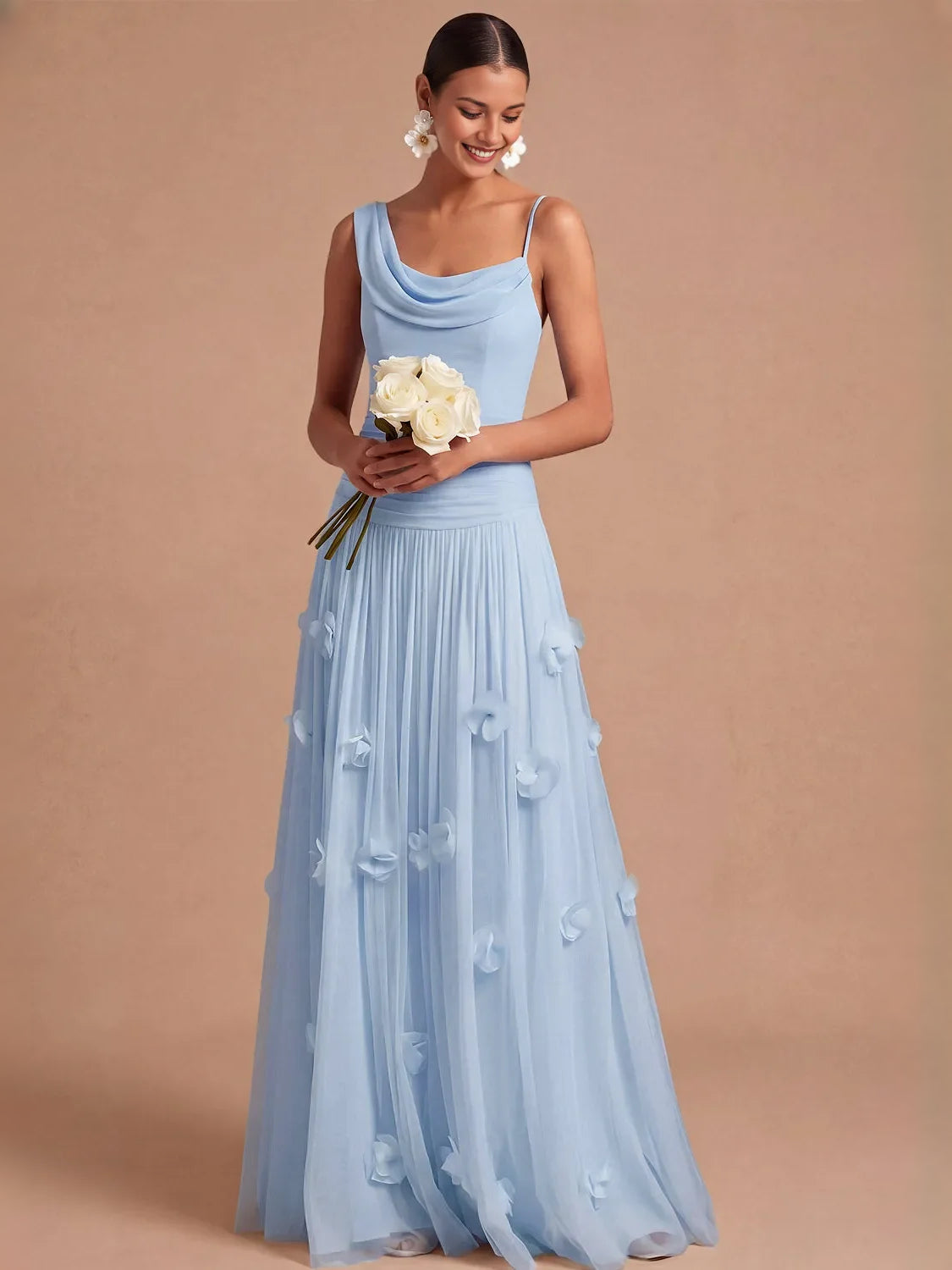 Light Blue maxi bridesmaid dress, alternate view showing the bodice and skirt