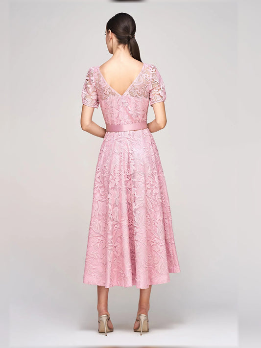 Pink tea-length mother of the bride dress, alternate view showing the bodice and skirt