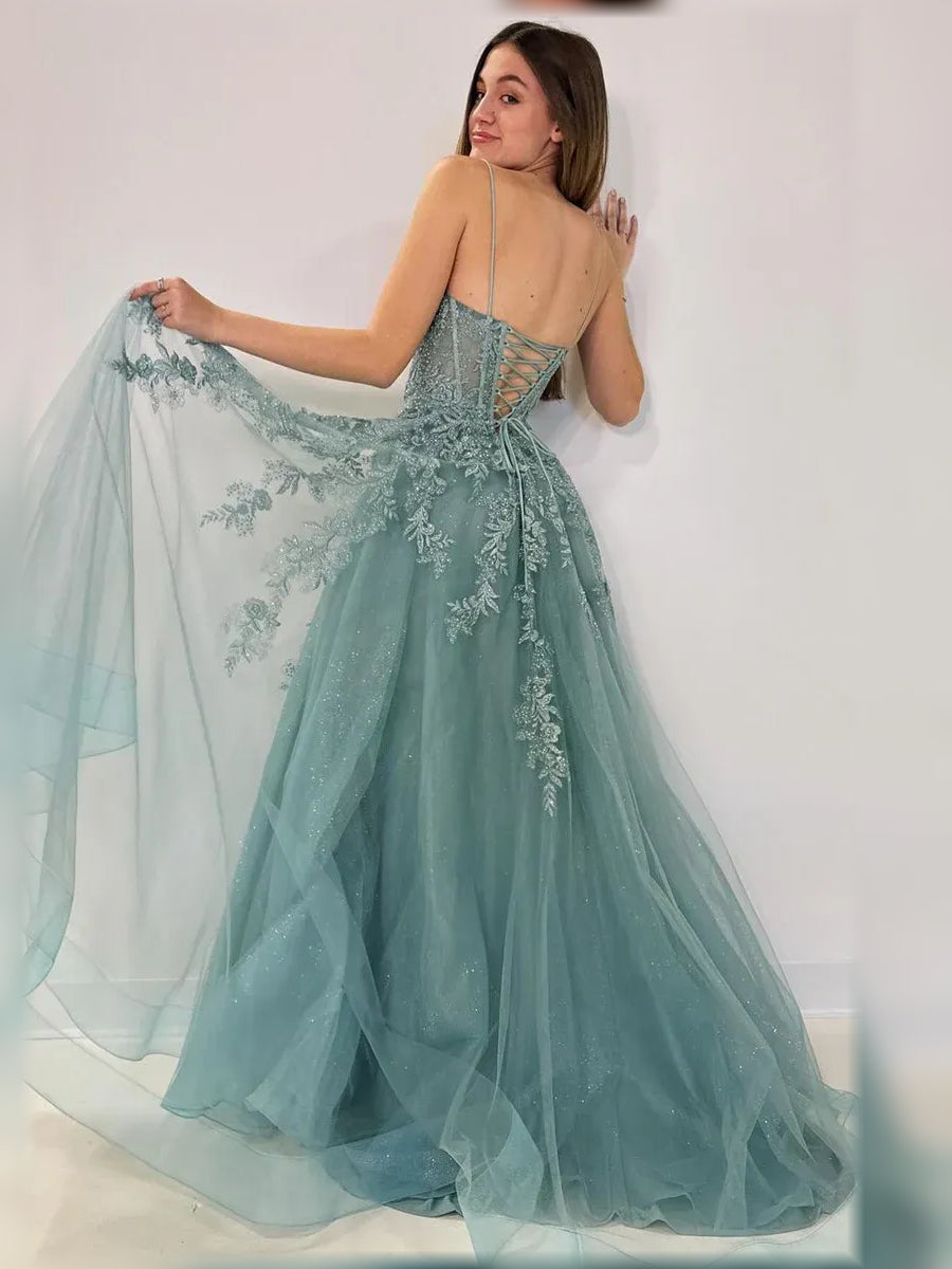 Dusty Green a-line floor-length formal dress with corset-style bodice, alternate view