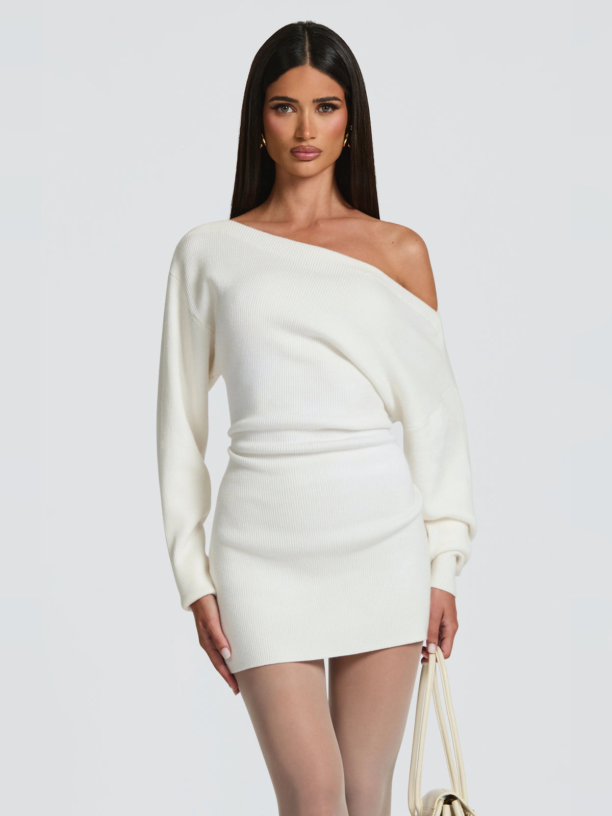 Ivory mini homecoming dress, alternate view showing the bodice and skirt