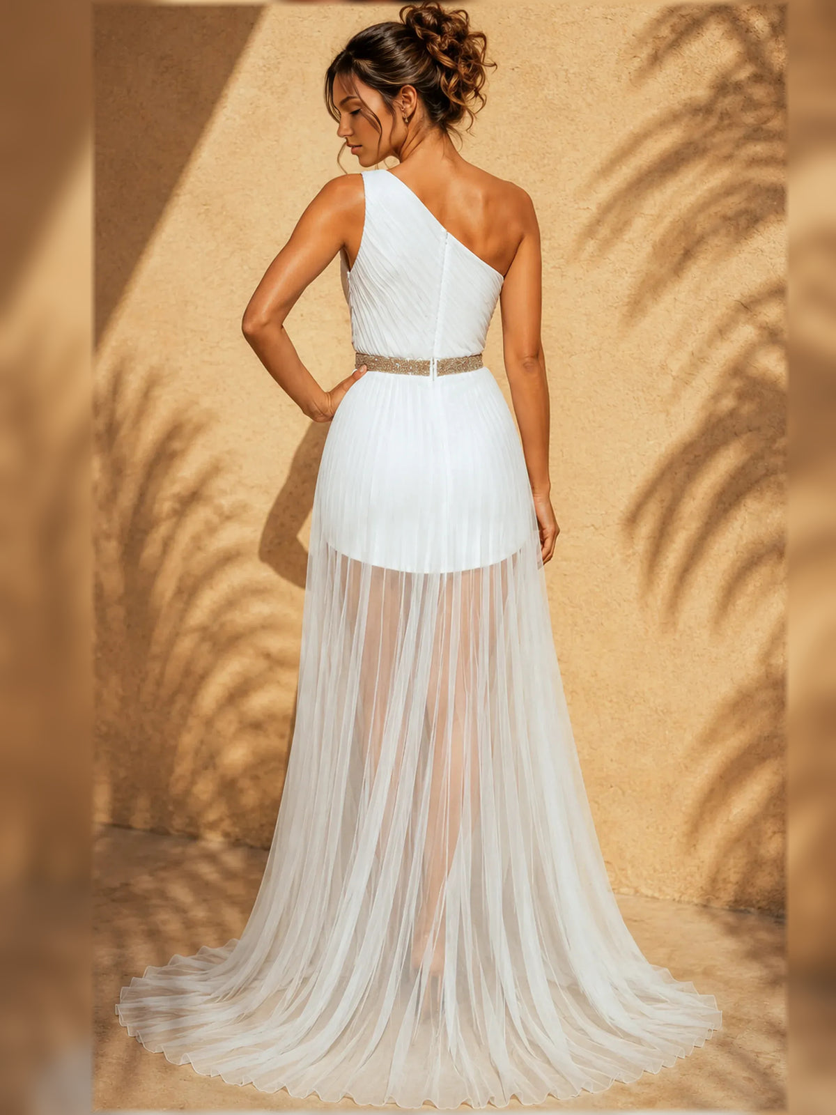 White a-line mini formal dress with beading, alternate view