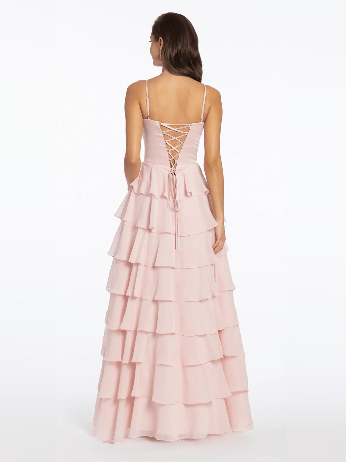 Light Pink floor-length prom dress, back view showing the rear of the dress