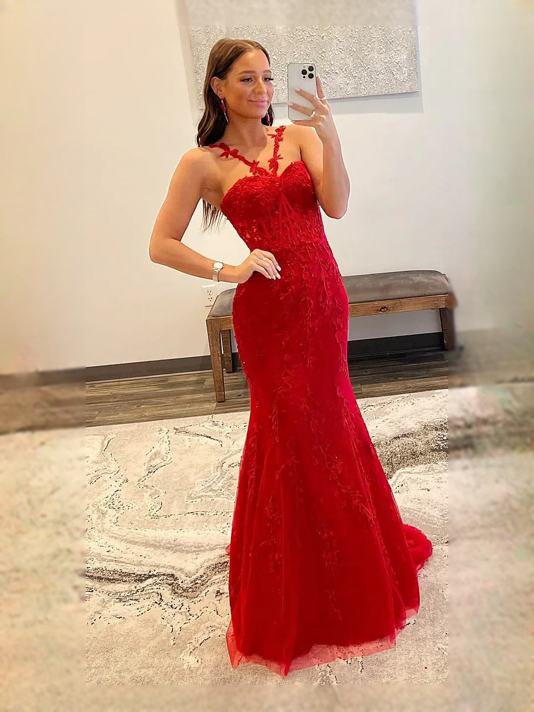 Red floor-length prom dress, alternate view showing the bodice and skirt