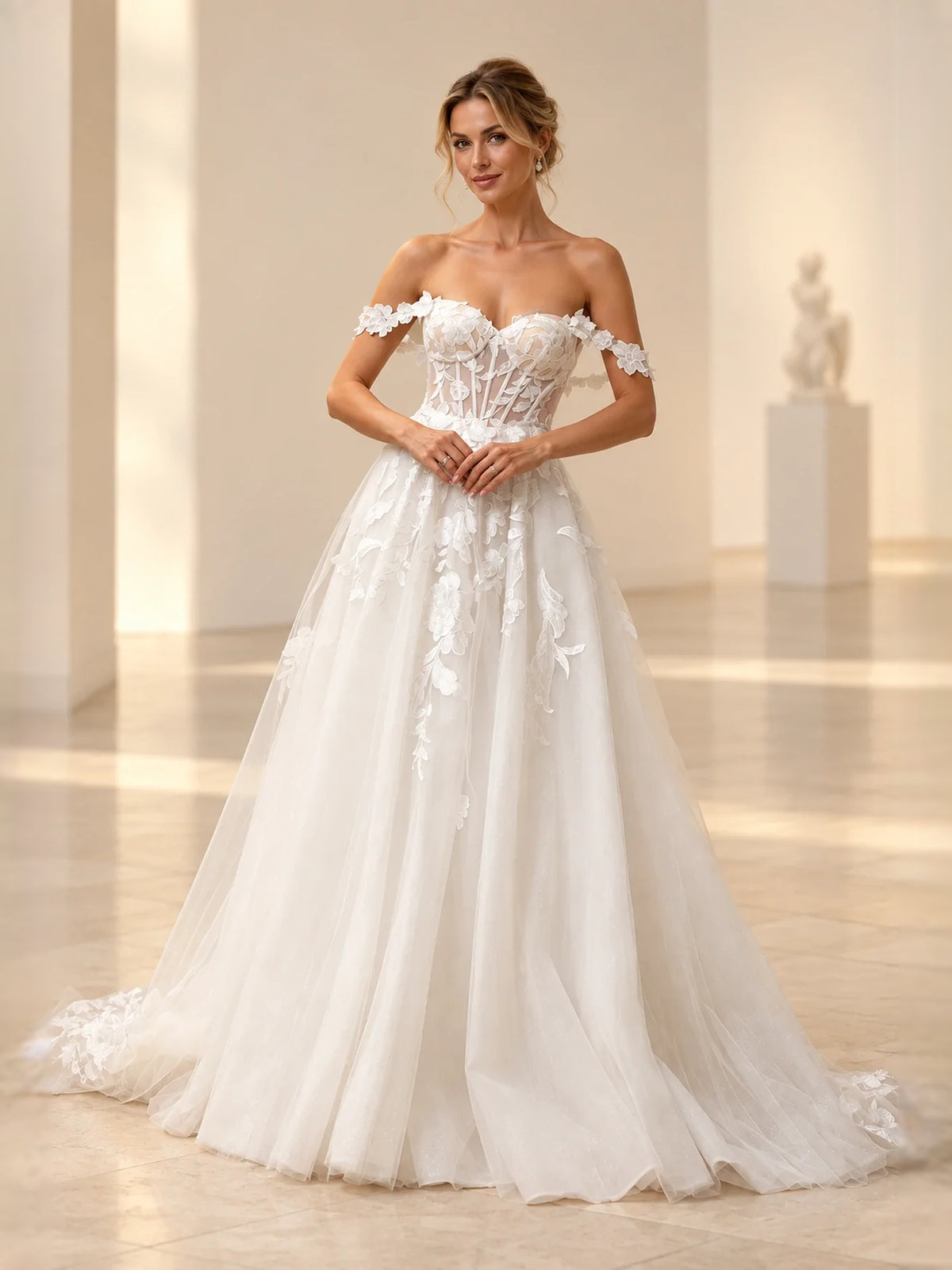 Ivory floor-length wedding dress, alternate view showing the bodice and skirt