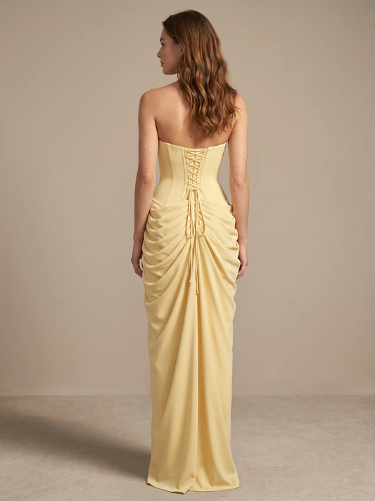 Pale Lemon maxi bridesmaid dress, alternate view showing the bodice and skirt
