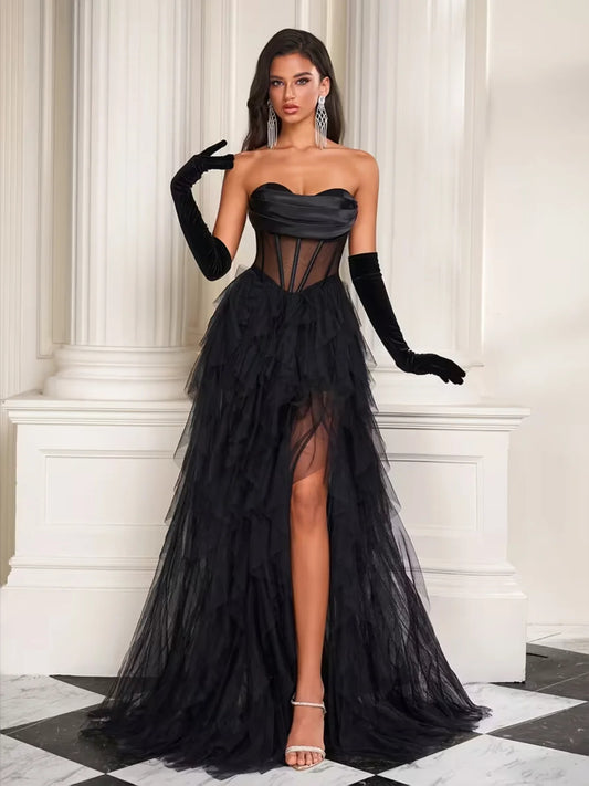 Black floor-length prom dress, alternate view showing the bodice and skirt